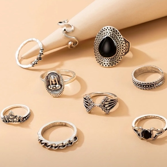 9-Piece Aged Silver Tribal Ring Set - Picture 4 of 5